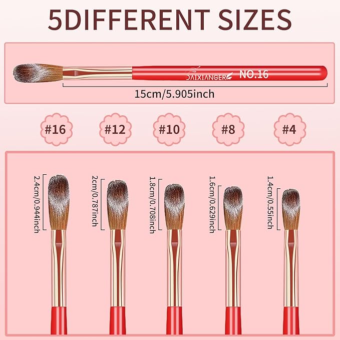DAIXIANGER 5Pcs New Year Acrylic Nail Art Brush Set -Size 4/8/10/12/16, Red Handle Nail Brushes for Acrylic Application Powder & Nail Extension, 3D Nail Carving Tools for DIY Home Salon Manicure