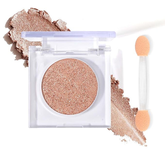 Single Glitter Eyeshadow with Brush, Dark Brown Glow Eyeshadow Palette Makeup Kit【Soft】【Long Lasting】【Lightweight】Sparkling Eyes Glitte, Ultra-Blendable Formula for Older Women, Fluttering Peach Tea