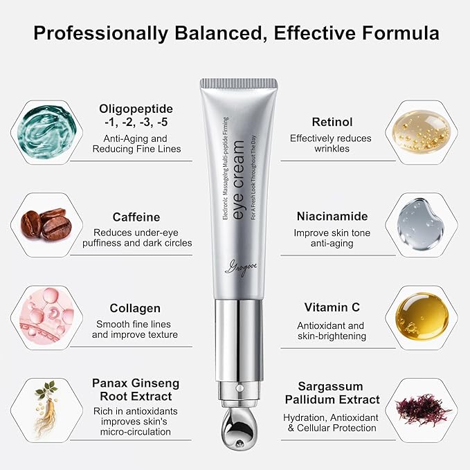 Multi-Peptide & Retinol Eye Cream,Electric Massage Eye Cream With Caffeine,Niacinamide,Vitamin C & for Dark Circles, Puffiness Puffy Bags & Wrinkles ，Anti-Aging Eye Cream for Fine Lines, 0.7 fl.oz