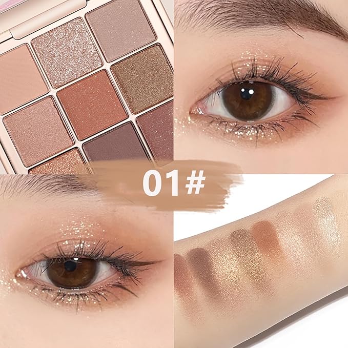 9 Colors Eyeshadow Palette, Matte & Shimmer & Glitter Eye Shadow, Highly Pigmented Silky Smooth Powder Waterproof Long Lasting Makeup Palettes. (Color 1)