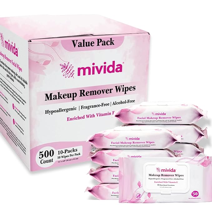 mivida Hypoallergenic Makeup Remover Wipes Bulk with Vitamin E, 500 count (10×50) Value box, Fragrance Free Makeup Wipes for Sensitive Skin, Gently Removes Makeup & Oil, Alcohol Free Facial Towelettes
