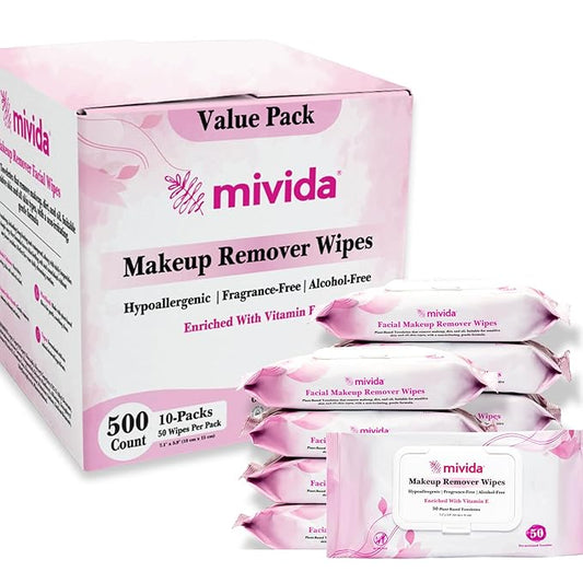 mivida Hypoallergenic Makeup Remover Wipes Bulk with Vitamin E, 500 count (10×50) Value box, Fragrance Free Makeup Wipes for Sensitive Skin, Gently Removes Makeup & Oil, Alcohol Free Facial Towelettes