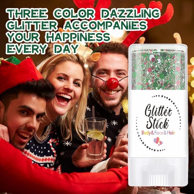 Christmas Body Glitter Stick, Shimmer Shine Sequins Neon Outfit Rave Festival Party Accessories Hair and Face Body Glitter Gel Makeup.(Red Green and White)