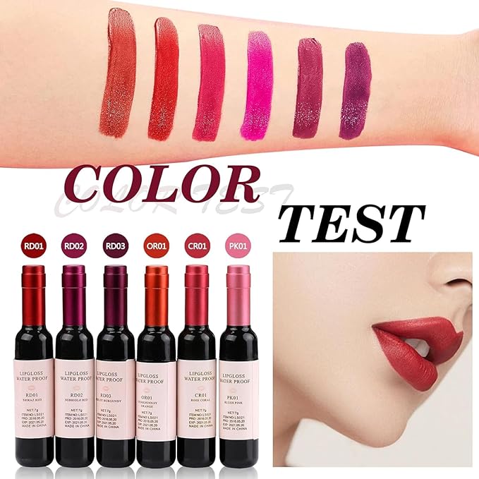 Wine Lip Tint 6 Colors, Waterproof Matte Long Lasting Lip Stain 24 hour, Non-stick Matte Liquid Lipstick, 6 Pcs Wine Bottle Lip Tint Stain, Mini Makeup Christmas Gift Sets for Girlfriends, Women, Moms
