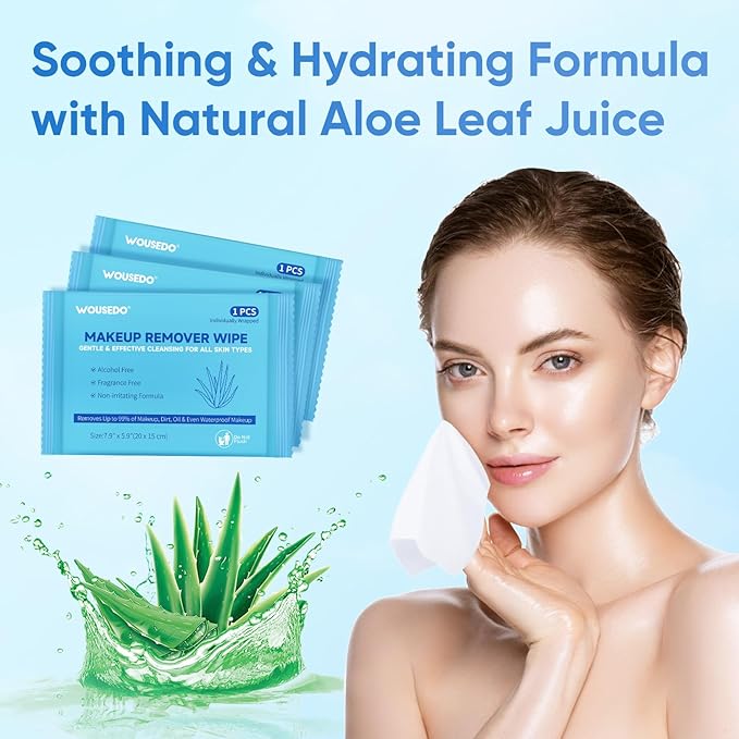 WOUSEDO 100 Count Makeup Remover Wipes, Bulk Gentle Cleansing Facial Towelettes, Individually Wrapped Travel Size,Alcohol-Free & Hypoallergenic for All Skin Types