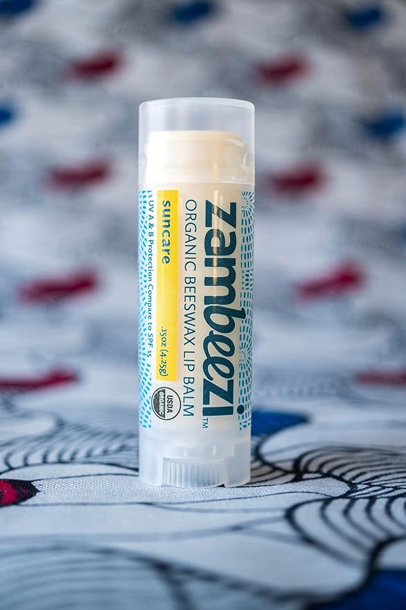 ZAMBEEZI Organic, Fair Trade Beeswax Lip Balm - Suncare 3 Pack - Mineral Based Zinc Oxide Sun Protection - Ethically Sourced