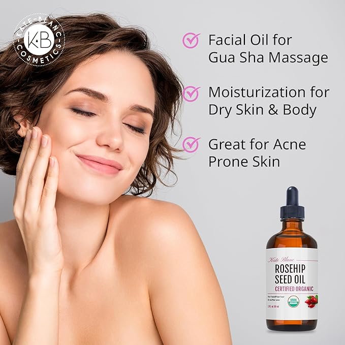 Kate Blanc Cosmetics Rosehip Oil for Face & Softer Glowing Skin (1oz, Organic, 100% Pure, Cold Pressed) Rosehip Seed Face Oil for Facial & Gua Sha Massage