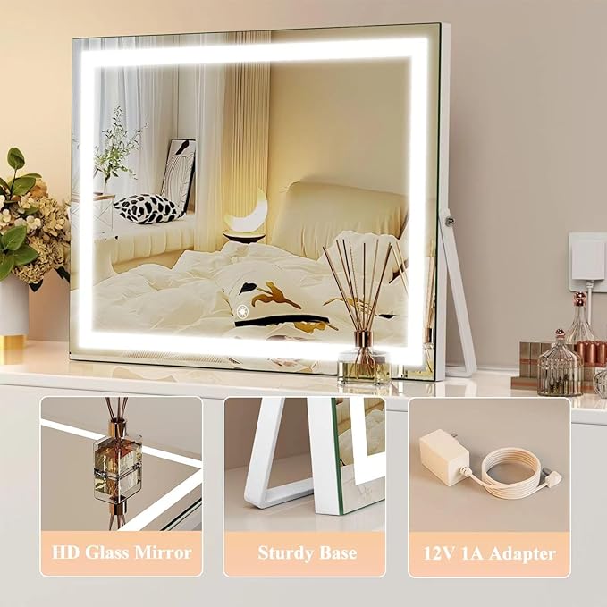 Ligheted Vanity Mirror with Lights, 14" x 12" LED Makeup Mirror, 3 Modes Light, Smart Touch Control Dimmable, 360°Rotation, Rectangle White Frame