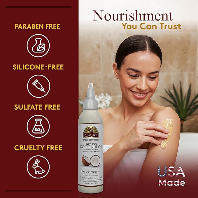 OKAY 100% Pure Coconut Oil for Hair & Skin - Coconut Oil for Women & Men, Perfect for Body & Face, for Massage & Moisturizer, Natural - 6 Fl Oz Squeeze Bottle (Pack of 1)