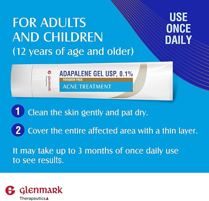 Glenmark Therapeutics Adapalene Gel 0.1% Acne Treatment, Paraben Free Topical Retinoid Cream for Face, Helps Clear and Prevent Acne and Clogged Pores, 45g Tube