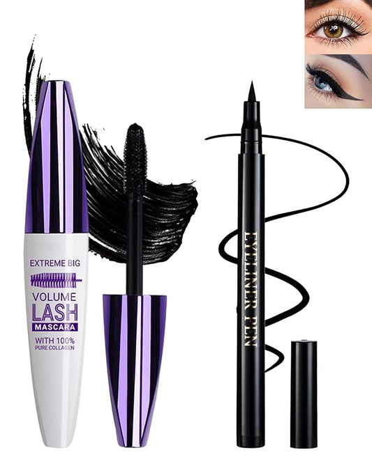 Black Waterproof Mascara & Eyeliner, 5D Silk Fiber Lash Extension Colored Tube Mascara Volume and Length,Long-Lasting Smudge-Proof Volumizing Colorful Máscara and Liquid Eyeliner Pen Set for Women