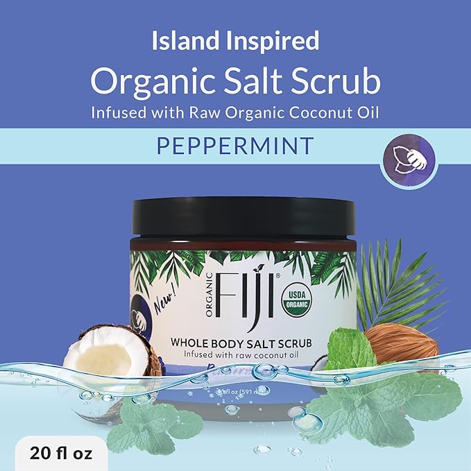 Organic Fiji Whole Body Scrub - Infused with Coconut Oil, Exfoliating Sea salt Scrub for Smooth and Soft Skin, Exfoliates & Restores Skin's Natural Biosphere, Peppermint 20 oz