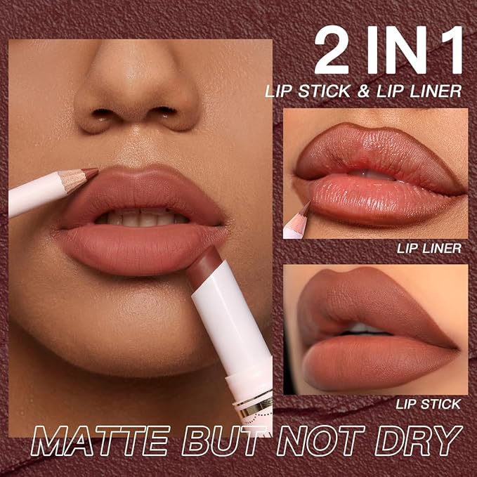 USHAS 2 in 1 Waterproof Lipstick and Lip Liner Combo Set - Long Lasting Matte Lipstick Pen with Liner Set Makeup Kit (S17, Pack of 1)