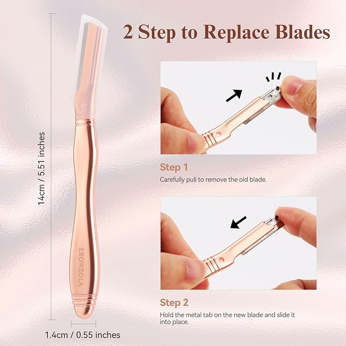 EROWZOLA Eyebrow Razor for Women and Men, Face Razors for Women, Dermaplane Razor with Protective Silicone Cover, Reusable Metal Handle with 6 Refill Blades, Skin Care Tool - Rose Gold