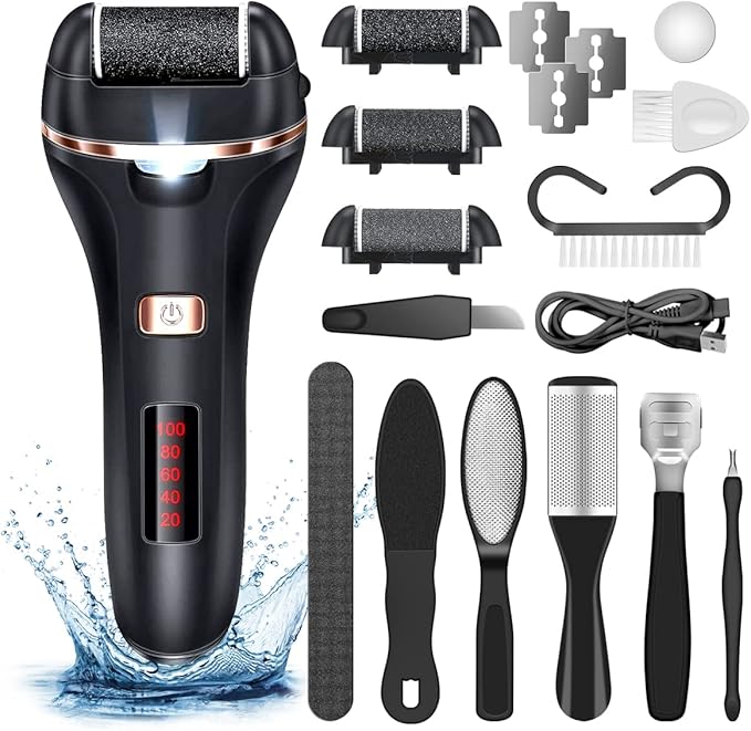 AdamPark Electric Callus Remover for Feet,Rechargeable Foot File Hard Skin Remover,Waterproof 14 in1 Professional Pedicure Kit for Cracked Heels &Dead Skin,with 3 Roller Heads 2 Speed(Black J8)