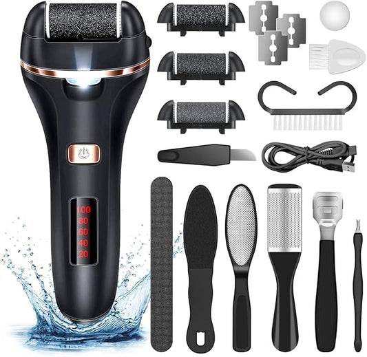 AdamPark Electric Callus Remover for Feet,Rechargeable Foot File Hard Skin Remover,Waterproof 14 in1 Professional Pedicure Kit for Cracked Heels &Dead Skin,with 3 Roller Heads 2 Speed(Black J8)