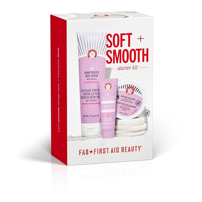 First Aid Beauty Soft + Smooth Starter Body Kit: KP Bump Eraser Body Scrub, 4 oz, Smoothing + Brightening Lotion (Peach), 1oz, & Ingrown Hair Pads, 28 Pads, Exfoliation & Hydrating Skin Care Set, 3ct