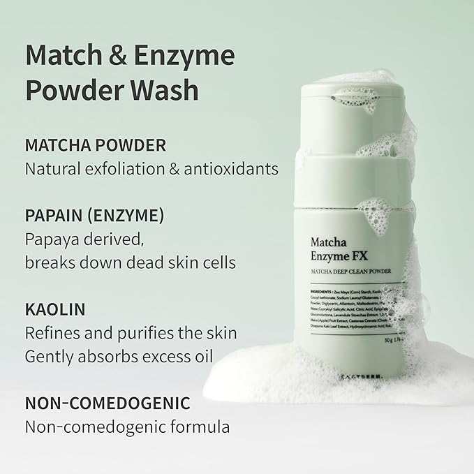 FORETDERM Matcha Enzyme FX Powder-To-Foam Cleanser, Enzyme Face Wash With Matcha Extract, Hydrating Korean Facial Cleanser For Daily Use, Water-Based Fragrance Free Formula, All Skin Types, 1.76oz