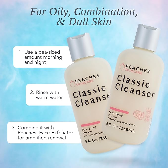 Peaches Skincare Hydrating Facial Cleanser – Vegan Face Wash with Grapefruit, Sugar Cane, and Gotu Kola – Lightly Exfoliating Daily Formula for All Skin Types – Classic Cleanser – 8 oz