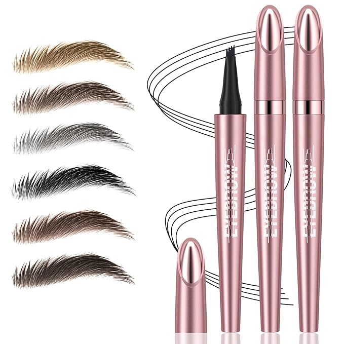 2Pcs Microblading Eyebrow Pen, Long-Lasting Waterproof Eyebrow Pencil with 4-Fork-Tip for 3D Realistic Brow, Easily Create Natural Hair-Like Brow Last All-Day, Eye Brow Pencils for Women -Black