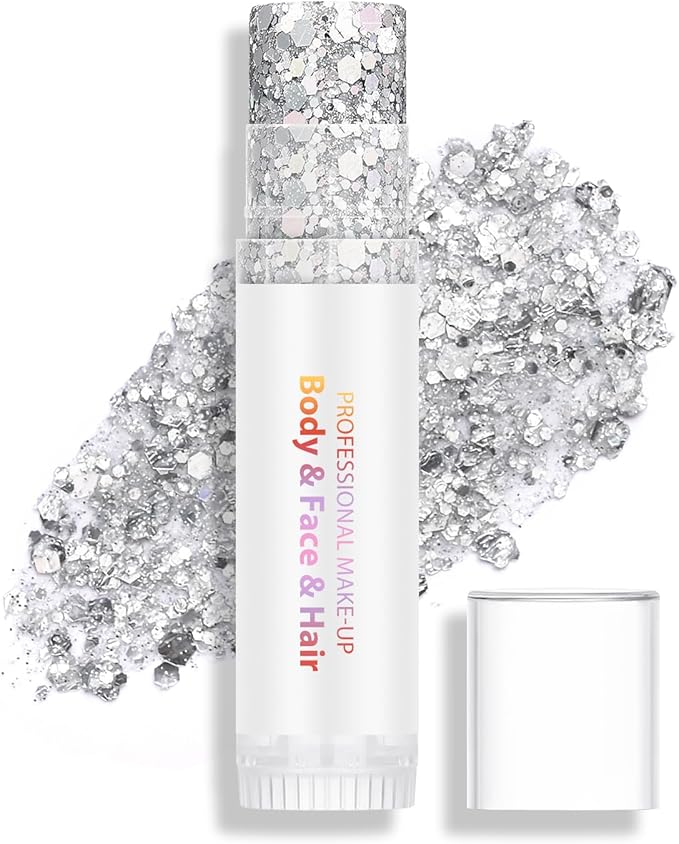 Silver Body Hair Face Glitter Stick, Holographic Sequins Face Sparkle Glitter Gel Neon Outfit for Women Face Paint Rave Festival Mermaid Chunky Makeup