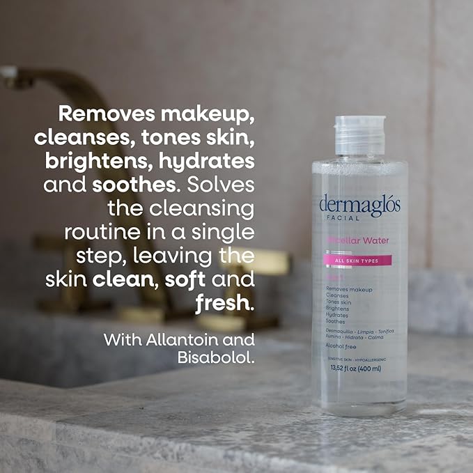 Dermaglos Micellar Water for All Skin Types Even Sensitive | All In 1 Hydrating Facial Cleanser & Makeup Remover, Brightening, Soothing, Gentle Face Toner | Alcohol-Free Formula | 13.52 Fl Oz