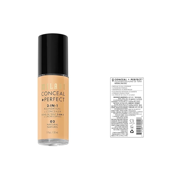 Milani Conceal + Perfect 2-in-1 Foundation + Concealer for a Flawless Complexion, Under Eye Corrector, Cover Redness and Imperfections, Waterproof and Sweatproof - Natural