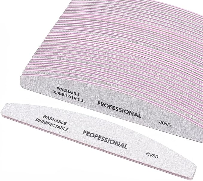 Klimonla 25PCS Professional Half Moon Emery Board Nail Files, 80/80 Grit Dual-Sided Buffer, Reusable Nail Filing Tools for Natural & Acrylic Nails, Home & Salon Manicure Supplies