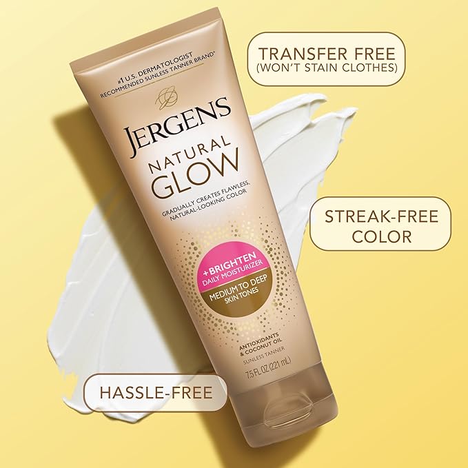 Jergens Natural Glow Self Tanner Body Lotion, Sunless Tanning, Medium to Deep Skin Tone, Daily Moisturizer with Coconut Oil, Vitamin E and Antioxidants, 7.5 Oz