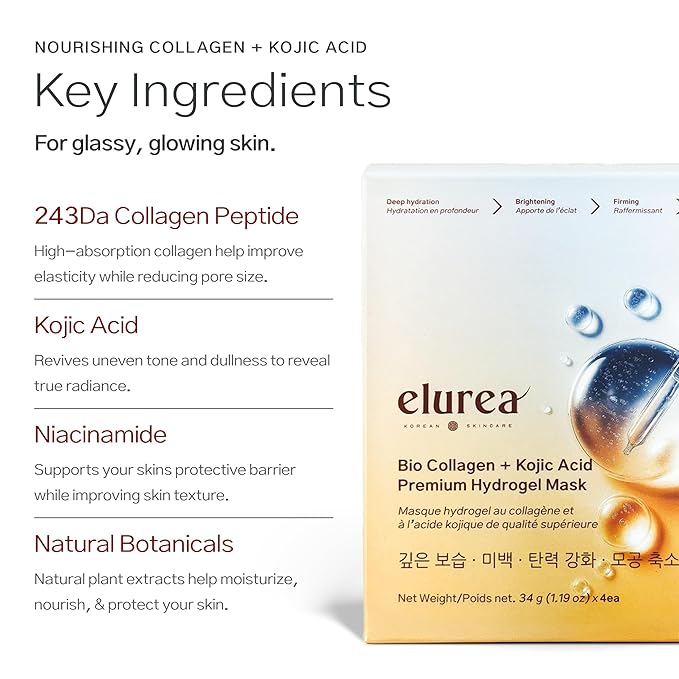 elurea Bio Collagen Mask + Kojic Acid Premium Hydrogel Face Mask (4 masks), Korean Mask for Luxury Beauty, Collagen Mask for Self Care, Korean Skincare, Hydrating Face Mask, Stocking Stuffers