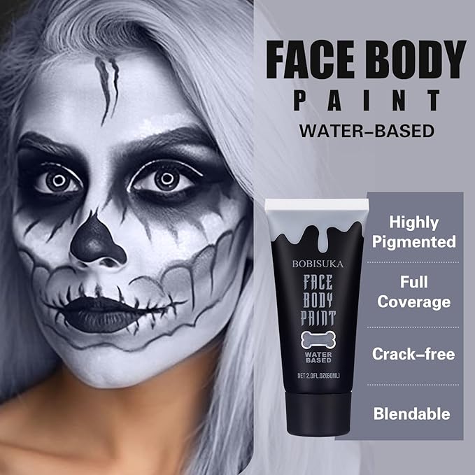 BOBISUKA Grey Face Body Paint, Water Based Face Painting for Art Theater Halloween Party Cosplay Clown SFX Makeup for Women Adults, Non-Toxic Washable
