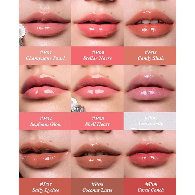 Flower Knows Shell's Jewel Nourishing Lip Glaze,Hydrating Lip Gloss with Hyaluronic,Moisturizing Plumping Oil,Non-Sticky Formula,0.16 fl.oz(P04 Seafoam Glow)