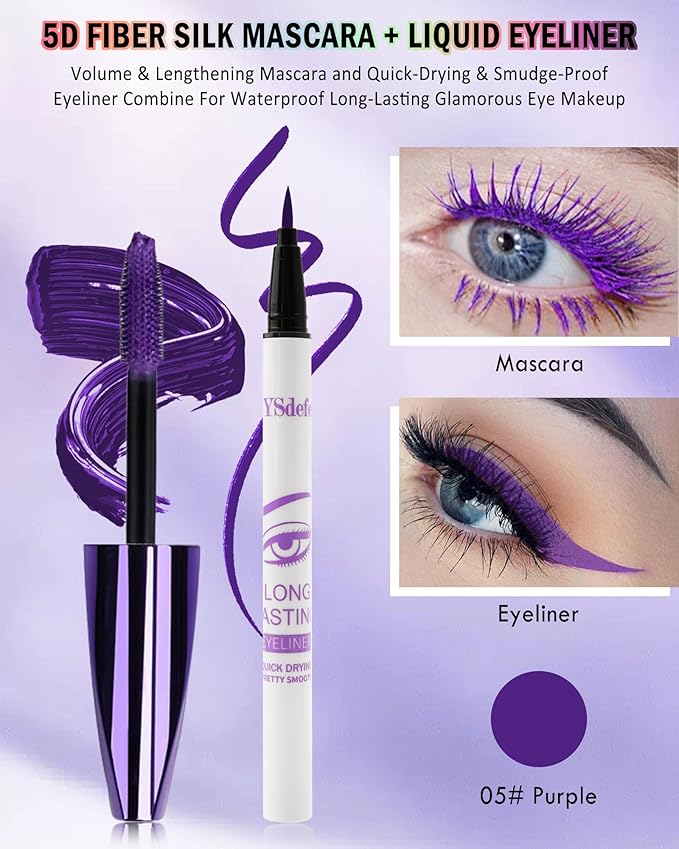 Purple Mascara & Liquid Eyeliner Set,5D Waterproof Silk Fiber Colored Mascara Volume and Length,Longlasting Smudgeproof Color Eye Liner Pen,Christmas Colorful Eye Makeup Gift Kit for Women Girl-05