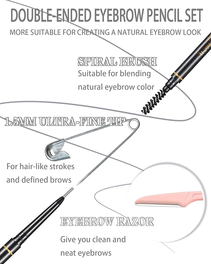 SUMEITANG Gray Eye Brow Pencils for Women, 6Pcs Waterproof Eyebrow Pencil, 1.5mm Micro-Fine Tip & Spiral Brush with Brow Razors Perfect for Creating a Natural and Delicate Eyebrow Look Makeup