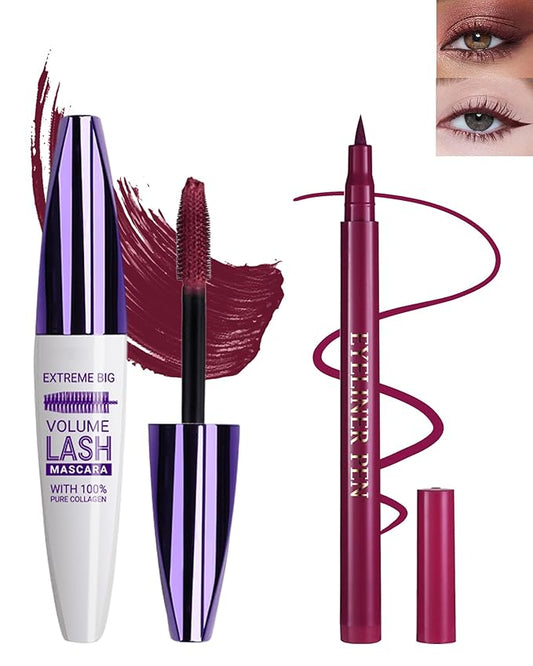 Burgundy Waterproof Mascara & Eyeliner, 5D Silk Fiber Lash Extension Colored Tube Mascara Volume and Length,Long-Lasting Smudge-Proof Volumizing Colorful Máscara & Liquid Eyeliner Pen Set for Women
