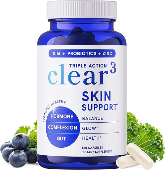 Clear Skin Supplement with Zinc, DIM & Probiotics | 3-in-1 Balance, Glow & Health Skin Support | Triple Action Hyaluronic Acid, Niaciminide & Vitamins for Hormone, Complexion & Gut Support | 120 Ct