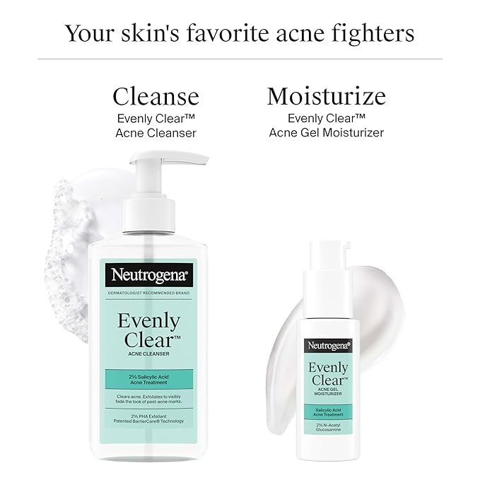 Neutrogena Evenly Clear Acne Cleanser with 2% Salicylic Acid & 2% PHA Exfoliant, Gentle Foaming Face Wash Clears Clogged Pores & Blackheads While Visibly Fading Look of Post-Acne Marks, 9.1 fl. oz