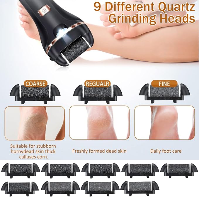 AdamPark Electric Callus Remover for Feet,Rechargeable Foot File Hard Skin Remover,Waterproof 14 in1 Professional Pedicure Kit for Cracked Heels &Dead Skin,with 9 Roller Heads 2 Speed(Black P8)