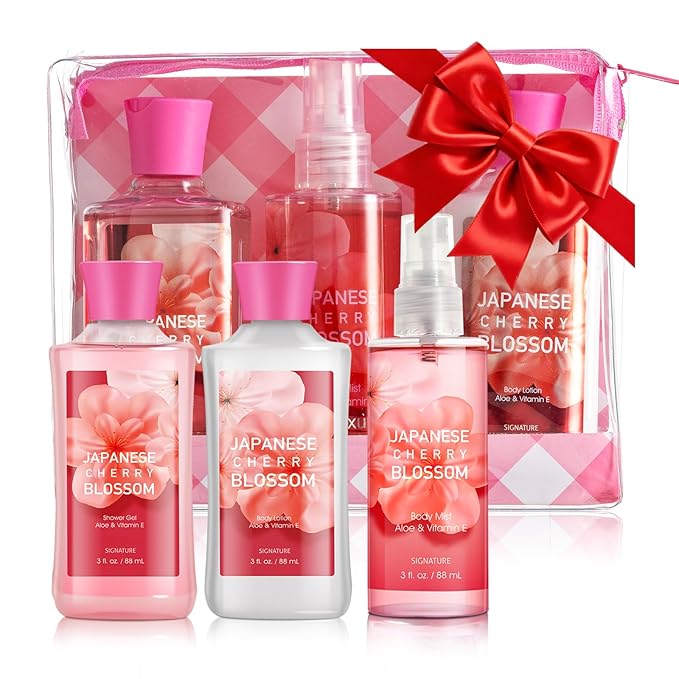 Bath Gift for Women and Girls, Japanese Cherry Blossom Spa Set With Natural Extracts, 3PCS Set - Shower Gel, Lotion, Mist, Personal Self Care Kit, Body Care Travel Set