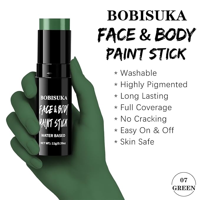 BOBISUKA Green Face & Body Paint Stick Water-Based Washable Face Paint Makeup Stick for Halloween Zombie, Witch, Hulk, Goblin, Hunting, Camo, Cosplay, SFX, Sports Eye Black & Costume Party