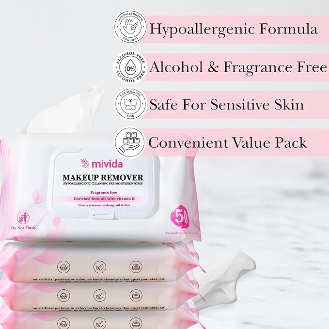 mivida Hypoallergenic Makeup Remover Wipes Bulk With Vitamin E, 200 count (4×50) Value Pack, Fragrance Free Makeup Wipes For Sensitive Skin, Alcohol Free Facial Make up Remover
