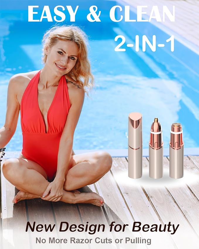Facial Hair Remover and Eyebrow Trimmer - 2 in 1 Facial Hair Removal Epilators for Women - Rechargeable Travel Face Hair Razor Bikini Shaver for Face Peach Fuzz Lips Chin Armpit Body (Gold)