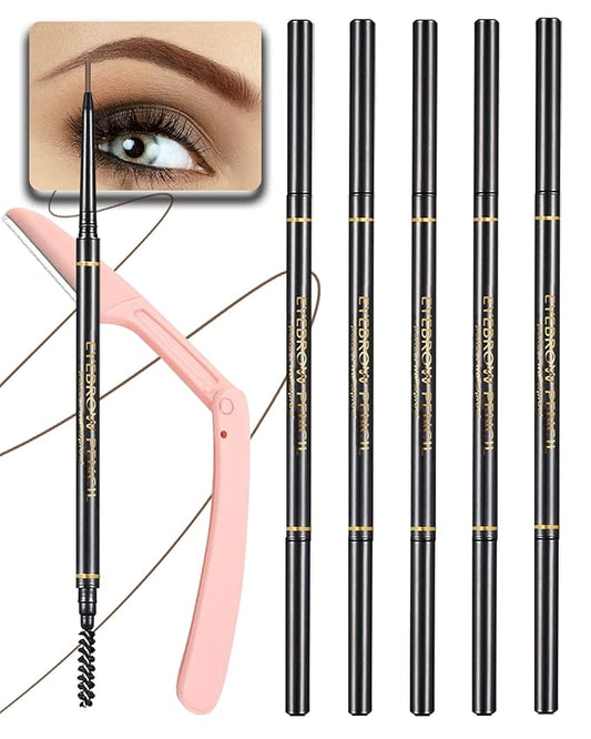 SUMEITANG Dark Brown Eye Brow Pencils for Women, 6Pcs Waterproof Eyebrow Pencil, 1.5mm Micro-Fine Tip & Spiral Brush with Brow Razors Perfect for Creating a Natural and Delicate Eyebrow Look Makeup