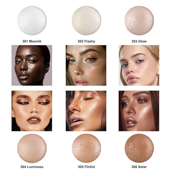 Baked Highlighter Contour Powder Sheer Pearl Shimmer Shades for Face Highlighter Makeup Brighten Up (301-Moonlit)