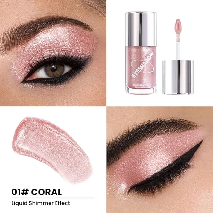 Coral Liquid Metallic Glittler Shimmer Eyeshadow, Longwear Eye Makeup For Older Women, Buildable Highly Pigmented & Blendable Eye Shadow Cream in Shimmer Finishes, Vegan & Cruelty-Free (Coral)