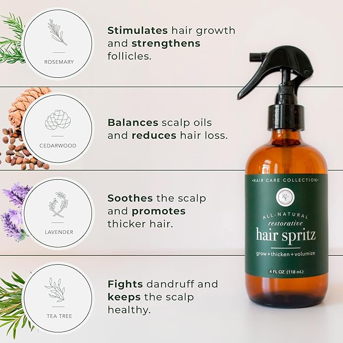 Rowe Casa Organics Natural Restorative Hair Spritz with Witch Hazel & Therapeutic Essential Oils, Hand-Crafted Hair Volumizer, Thickener, & Growth Booster, 4 Fl. Oz.