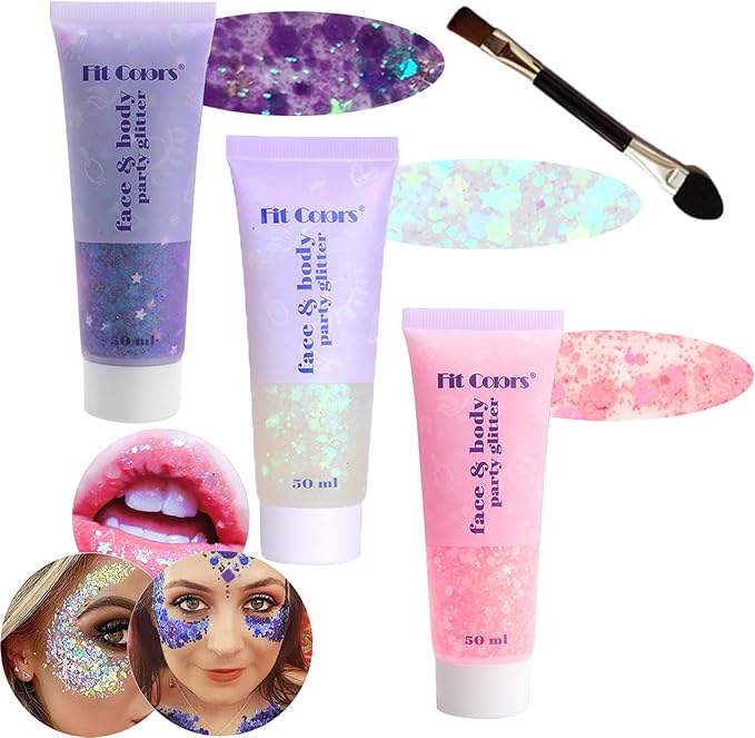 Body Glitter Face Glitter Gel: Singer Concerts Disco Festival Rave Accessories Face Glitter Makeup 150ml Chunky Sequins Mermaid Face Body Hair Glitter Gel (Purple&White&Light Pink)