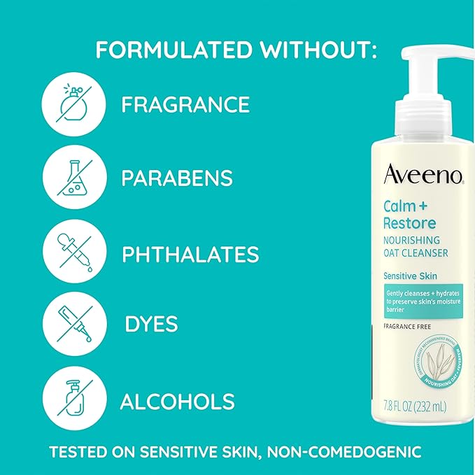 Aveeno Calm + Restore Nourishing Oat Cleanser, Daily Hydrating Facial Cleanser & Face Wash for Sensitive Skin, Non-Foaming, Hypoallergenic, Non-Comedogenic, Fragrance-Free, with Feverfew, 7.8 fl oz