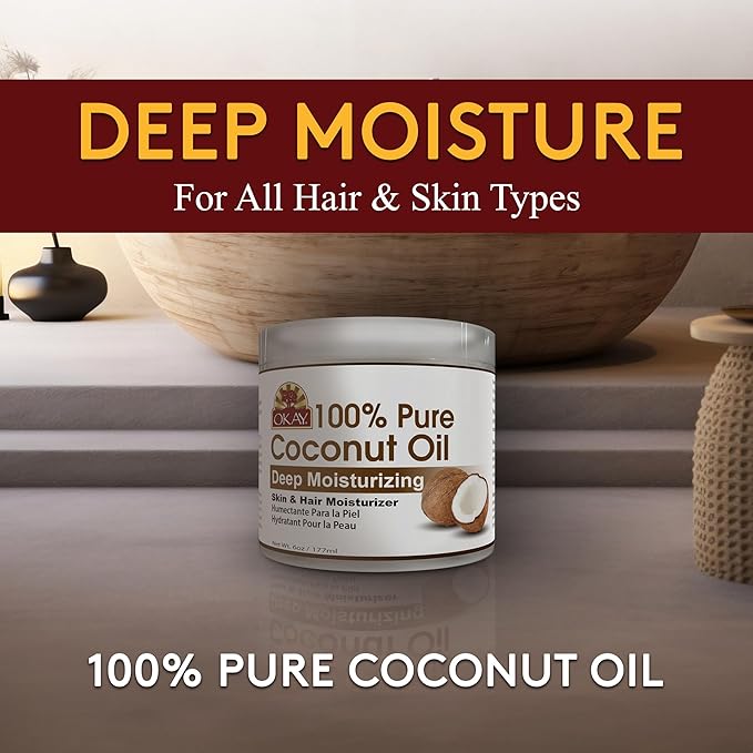 OKAY 100% Pure Coconut Oil for Hair & Skin - Coconut Oil for Women & Men, Perfect for Hair & body, Natural Massage Oil & Moisturizer - 6 fl oz Jar (Pack of 1)