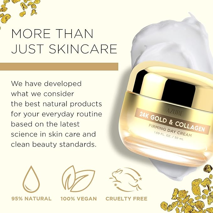 Azure Cosmetics 24K Gold & Collagen Face Moisturizer - Dermatologist Tested, Anti-Aging Face Cream - Skin Tightening, Fine Lines and Wrinkles Treatment - Korean Skin Care - All Skin Type - 2 Pack